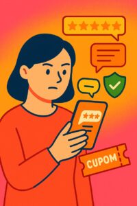 Imagem de uma pessoa utilizando o celular no aplicativo da Shopee , destacando como comprar na shopee com segurança, importância de ler as avaliações de outros compradores para garantir uma compra segura.